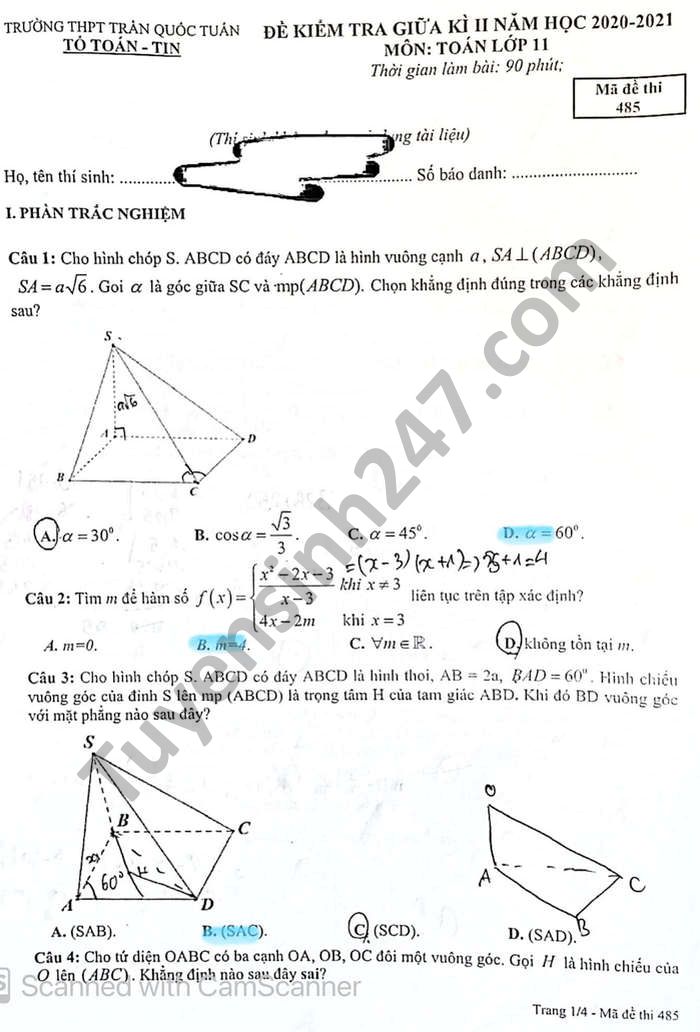 Đề thi giữa học kì 2 năm 2021 THPT Trần Quốc Tuấn Toán lớp 11