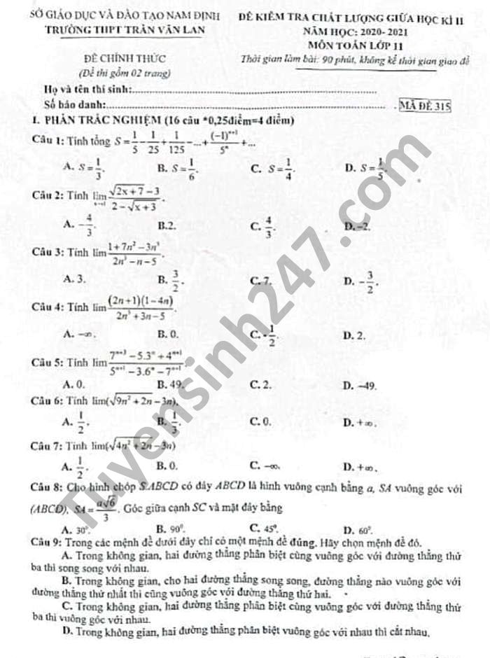 Đề thi giữa học kì 2 lớp 11 năm 2021 môn Toán THPT Trần Văn Lan