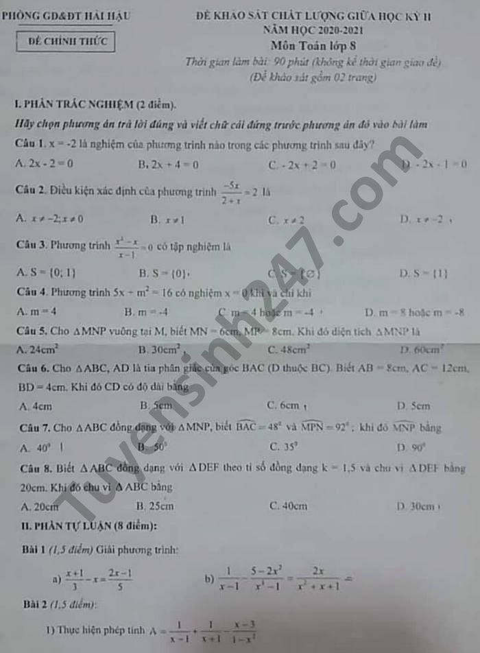 Đề thi giữa kì 2 môn Toán lớp 8 năm 2021 huyện Hải Hậu