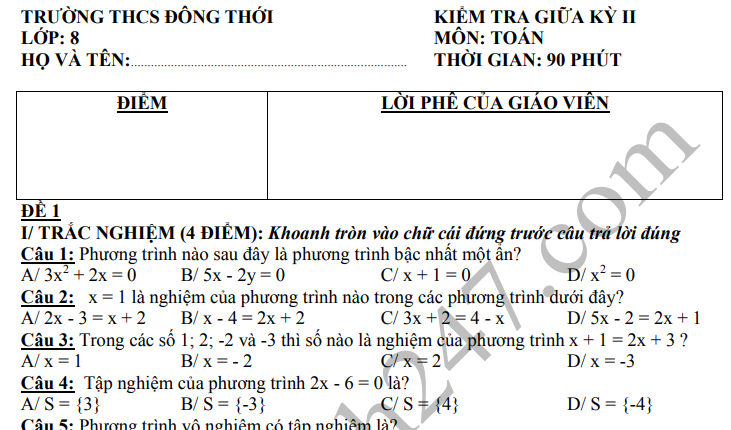 Đề thi giữa kì 2 lớp 8 môn Toán 2021 - THCS Đông Thới