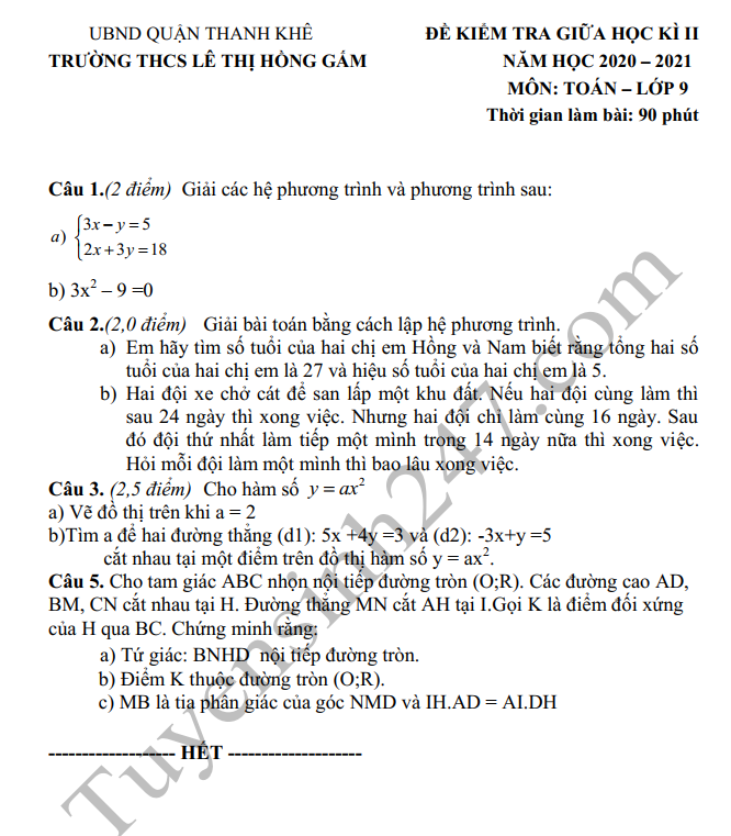 Đề thi giữa kì 2 lớp 9 môn Toán 2021 - THCS Lê Thị Hồng Gấm