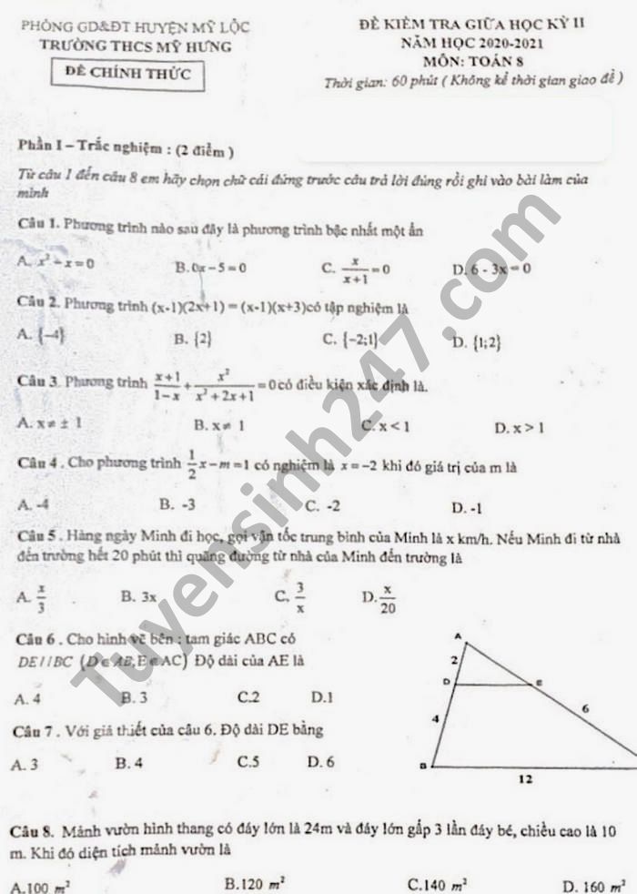 Đề thi giữa học kì 2 môn Toán lớp 8 năm 2021 THCS Mỹ Hưng