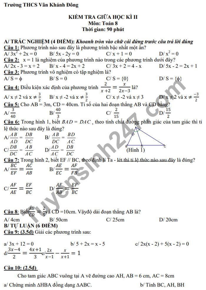 Đề thi giữa kì 2 năm 2021 THCS Vân Khánh Đông lớp 8 môn Toán