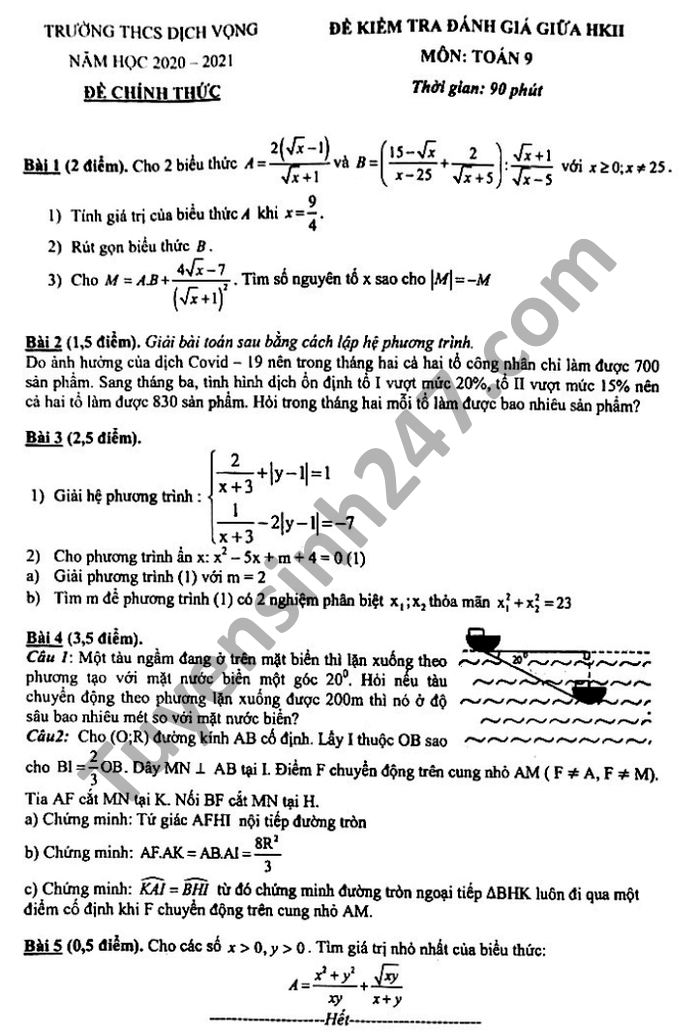 Đề thi giữa học kì 2 môn Toán lớp 9 THCS Dịch Vọng năm 2021