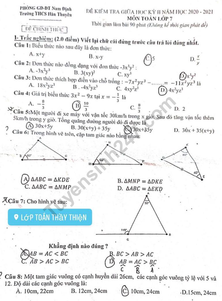 Đề thi giữa kì 2 môn Toán lớp 7 năm 2021 - THCS Hàn Thuyên