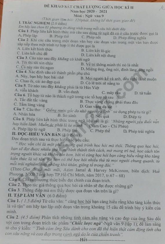 Đề thi giữa kì 2 môn Văn lớp 9 - Phòng GD Nam Trực năm 2021