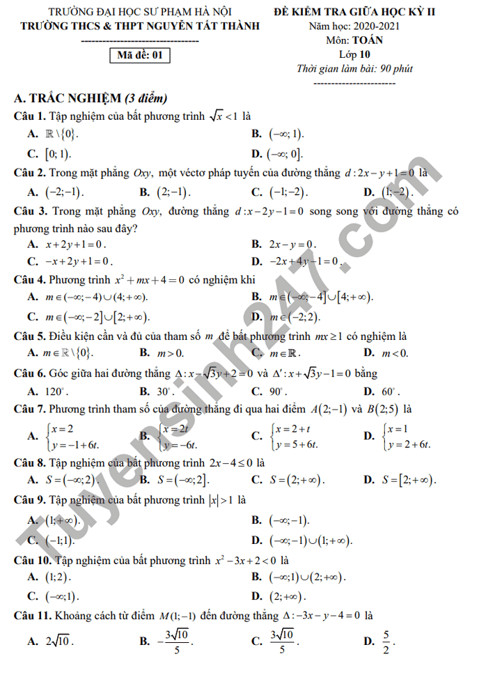 Đề thi giữa học kì 2 THCS-THPT Nguyễn Tất Thành 2021 Toán lớp 10