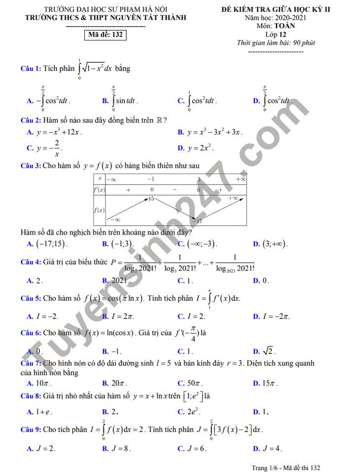 Đề thi giữa kì 2 năm 2021 THCS-THPT Nguyễn Tất Thành Toán lớp 12