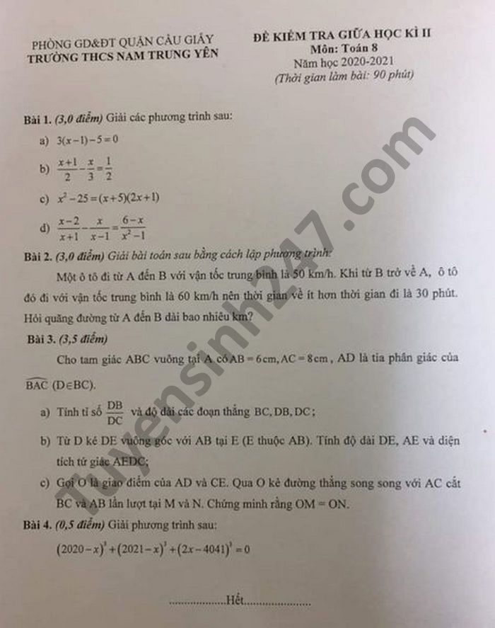 Đề thi giữa học kì 2 THCS Nam Trung Yên 2021 môn Toán lớp 8