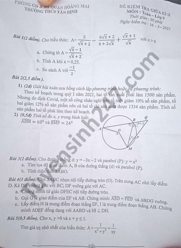 Đề thi giữa kì 2 THCS Tân Định môn Toán lớp 9 năm 2021