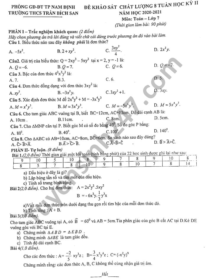 Đề thi giữa học kì 2 môn Toán lớp 7 THCS Trần Bích San năm 2021