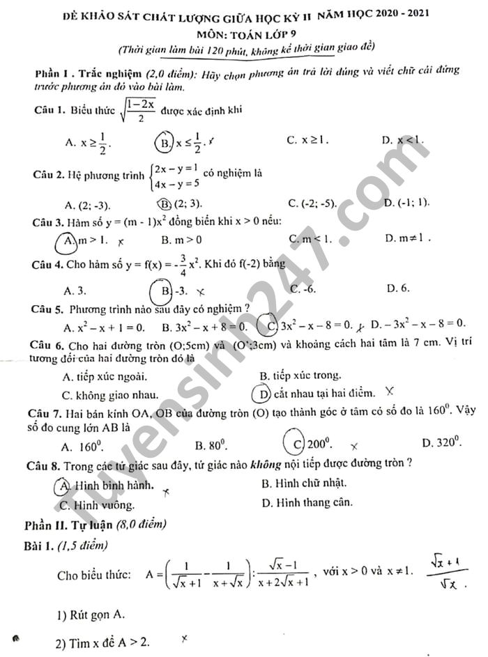 Đề thi giữa học kì 2 năm 2021 huyện Ý Yên môn Toán lớp 9