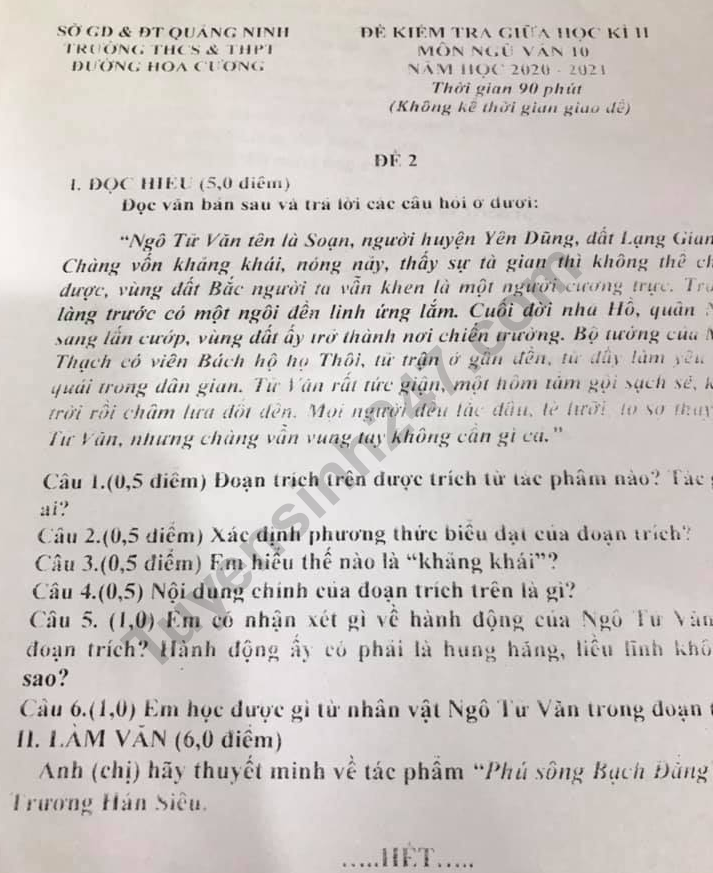 Đề thi giữa kì 2 lớp 10 môn Văn - THPT Đường Hoa Cương 2021