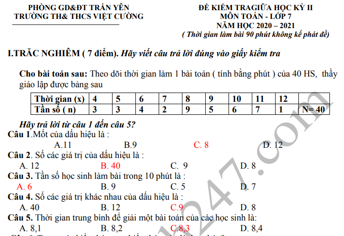 Đề thi giữa kì 2 môn Toán lớp 7 - THCS Việt Cường 2021