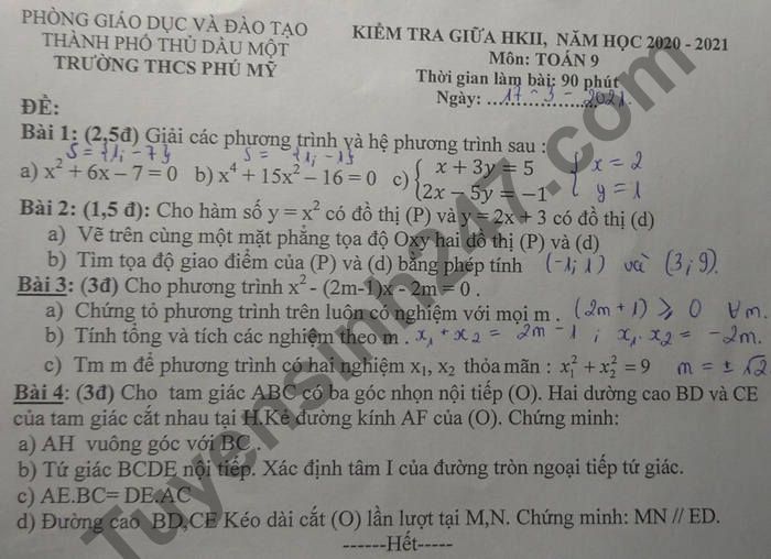 Đề thi giữa học kì 2 lớp 9 môn Toán - THCS Phú Mỹ 2021