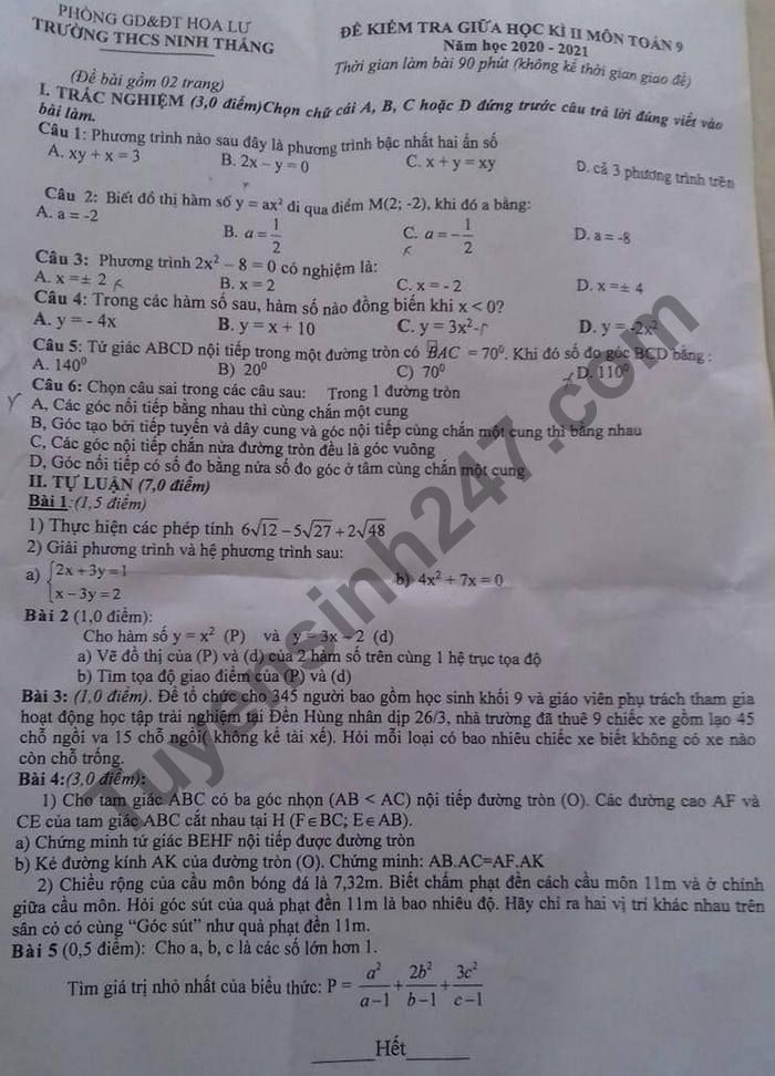 Đề thi giữa học kì 2 lớp 9 môn Toán - THCS Ninh Thắng 2021