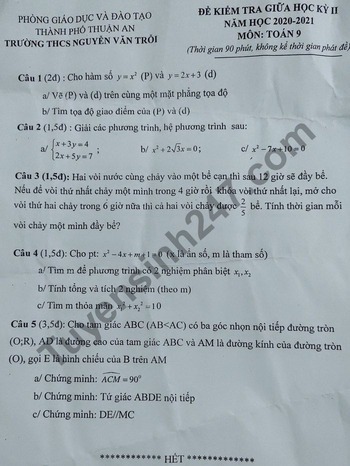 Đề thi giữa học kì 2 năm 2021 THCS Nguyễn Văn Trỗi lớp 9 môn Toán