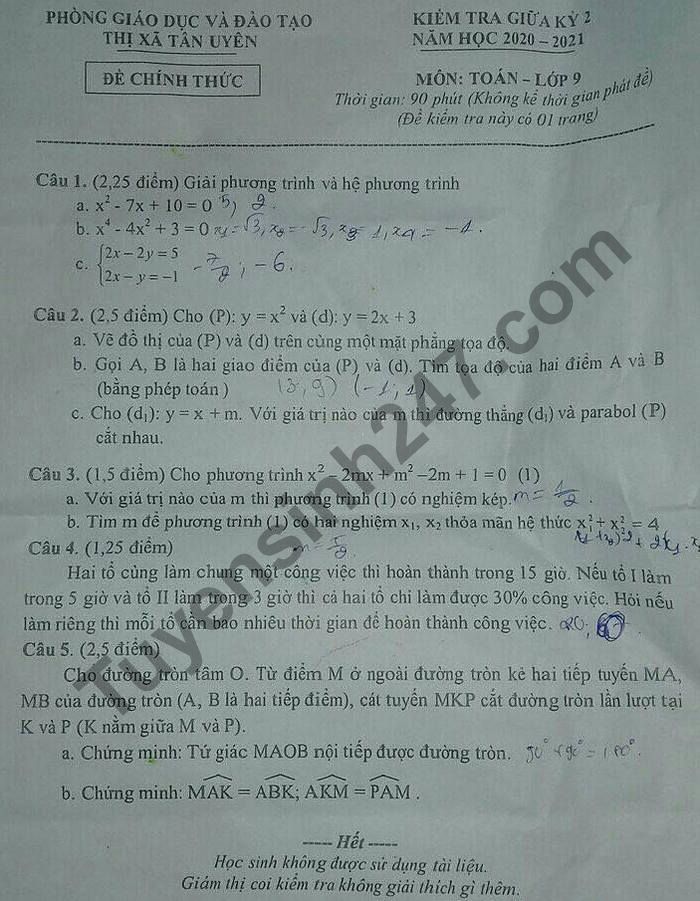 Đề thi giữa học kì 2 năm 2021 Thị xã Tân Uyên lớp 9 môn Toán 