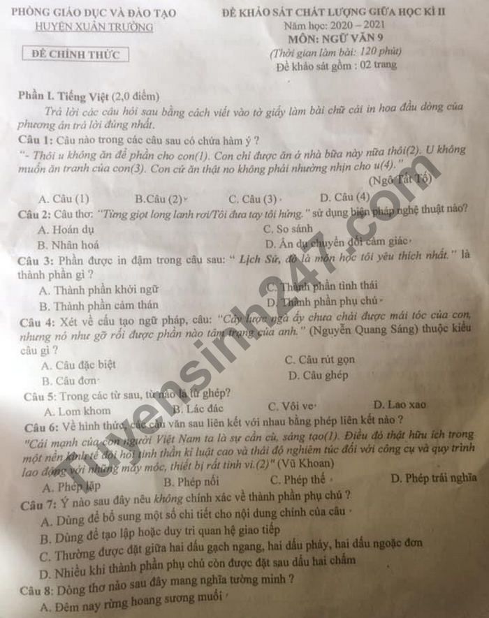 Đề thi giữa học kì 2 môn Văn lớp 9 Huyện Xuân Trường 2021