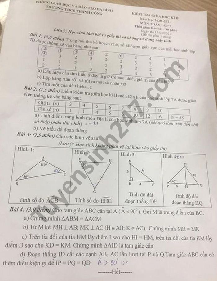 Đề thi giữa học kì 2 THCS Thành Công năm 2021 môn Toán lớp 7