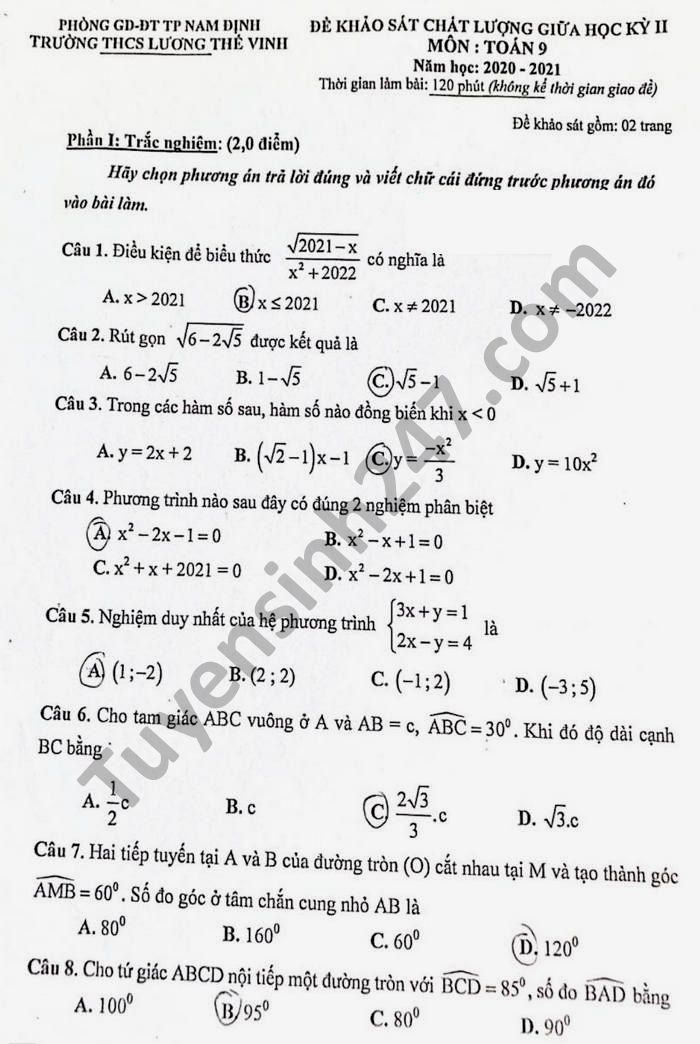 Đề thi giữa học kì 2 THCS Lương Thế Vinh Toán lớp 9 năm 2021