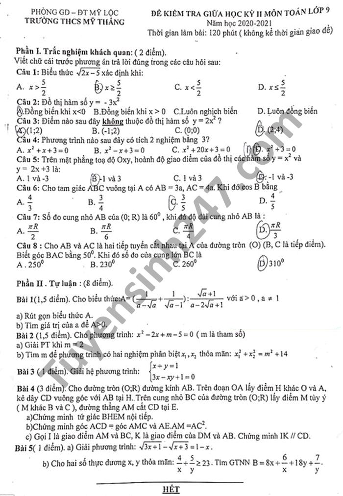 Đề thi giữa học kì 2 THCS Mỹ Thắng môn Toán lớp 9 năm 2021