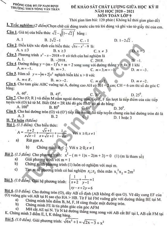 Đề thi giữa học kì 2 Toán lớp 9 năm 2021 THCS Tống Văn Trân 