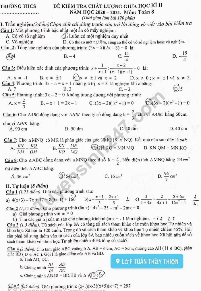 Đề thi giữa kì 2 lớp 8 môn Toán - Phòng GD Nam Trực 2021