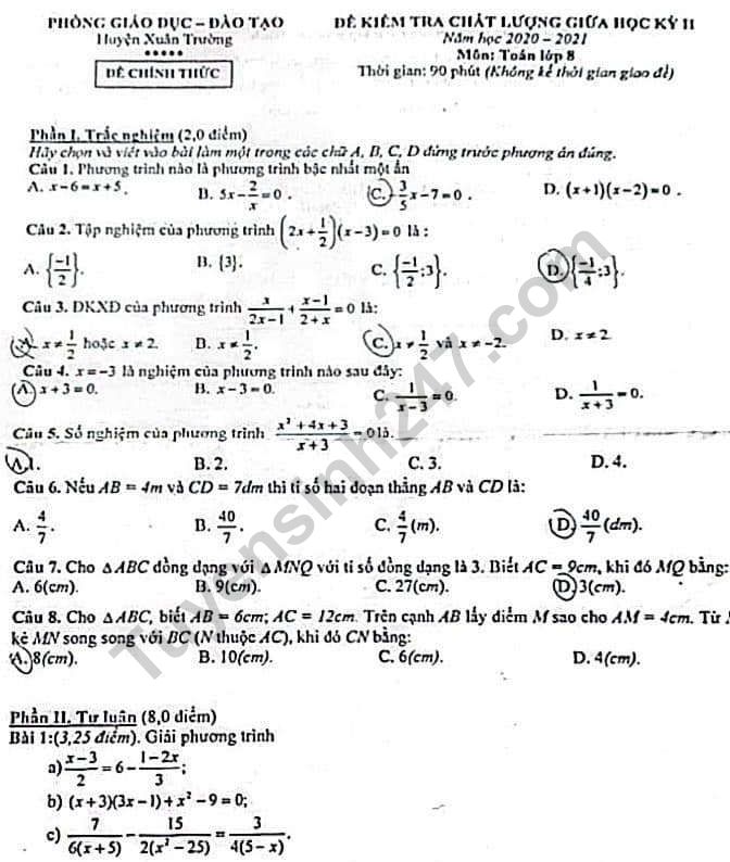 Đề thi giữa học kì 2 lớp 8 môn Toán 2021 - Phòng GD Xuân Trường