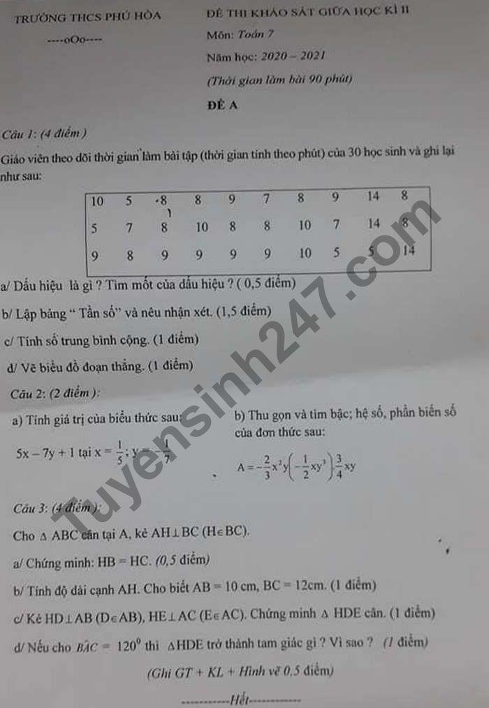 Đề thi giữa kì 2 lớp 7 môn Toán - THCS Phú Hòa năm 2021