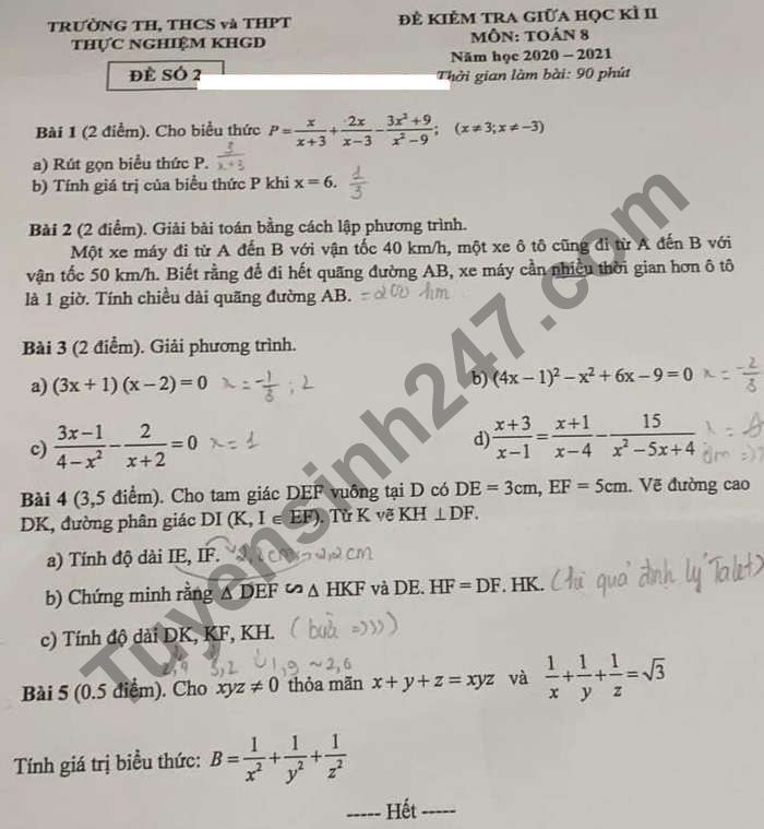 Đề thi giữa kì 2 năm 2021 lớp 8 môn Toán - TH,THCS&THPT Thực nghiệm KHGD