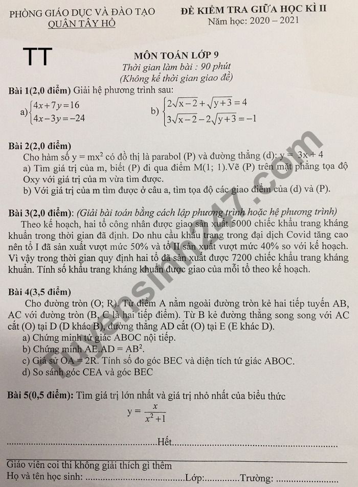 Đề thi giữa học kì 2 lớp 9 môn Toán - Quận Tây Hồ 2021