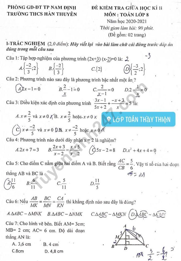Đề thi giữa kì 2 môn Toán lớp 8 - THCS Hàn Thuyên 2021