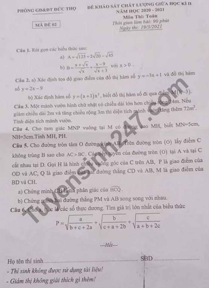 Đề thi giữa kì 2 môn Toán lớp 9 Phòng GD Đức Thọ năm 2021