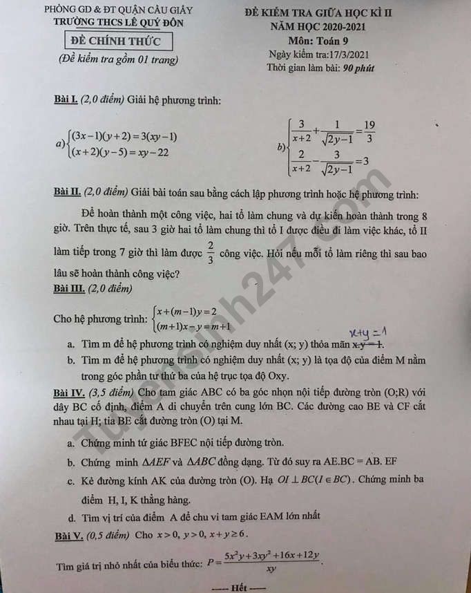 Đề thi giữa kì 2 môn Toán lớp 9 - THCS Lê Quý Đôn 2021