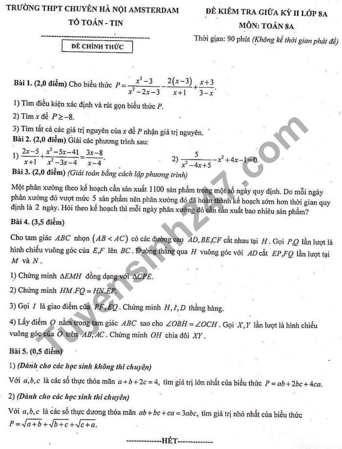 Đề thi giữa kì 2 năm 2021 THPT Chuyên Hà Nội Amsterdam môn Toán 8