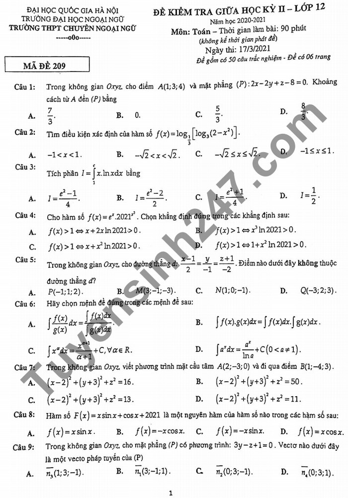Đề thi giữa kì 2 năm 2021 môn Toán lớp 12 - THPT Chuyên Ngoại Ngữ
