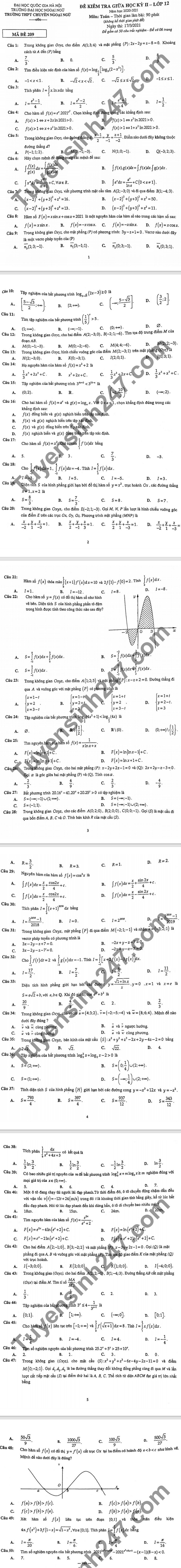 đề Thi Giữa Ki 2 Năm 21 Mon Toan Lớp 12 Thpt Chuyen Ngoại Ngữ