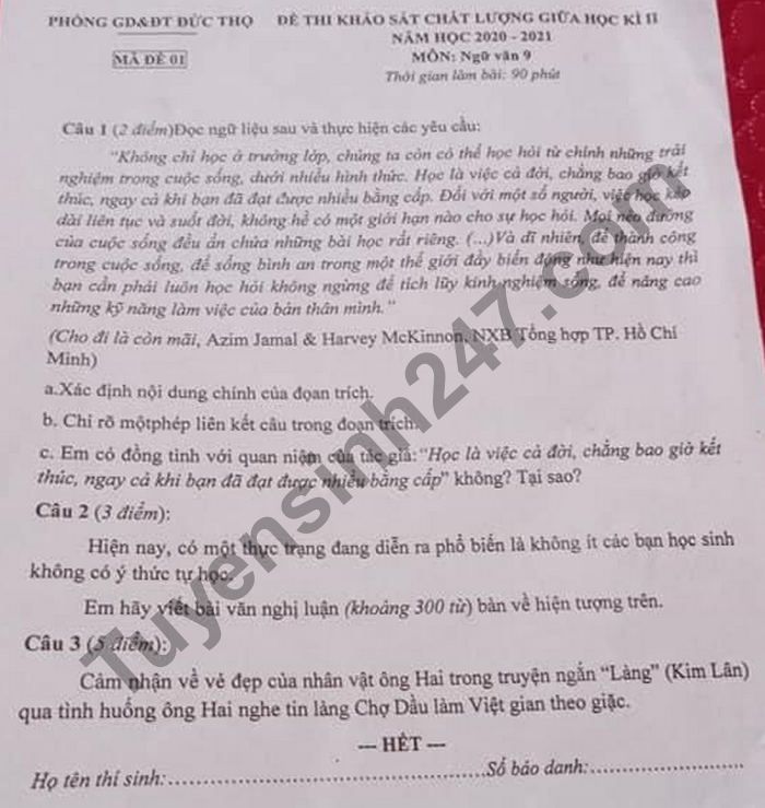 Đề thi giữa học kì 2 năm 2021 Phòng GD Đức Thọ lớp 9 môn Văn