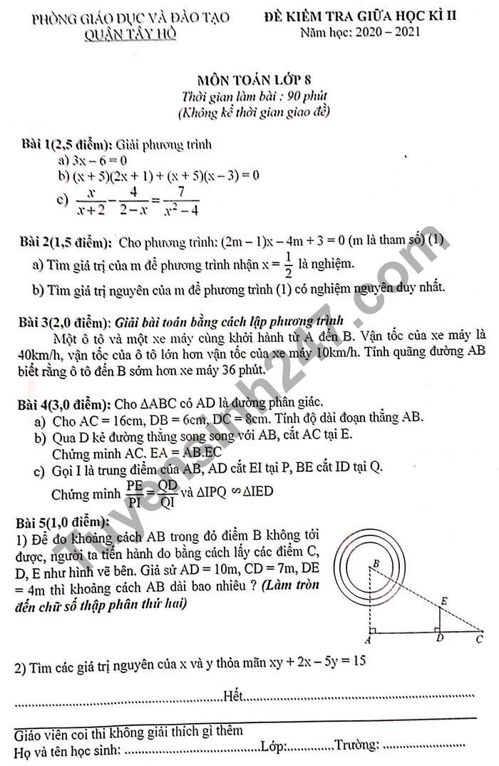 Đề thi giữa học kì 2 năm 2021 môn Toán lớp 8 - Quận Tây Hồ