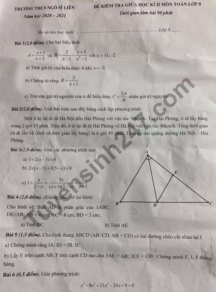 Đề thi giữa kì 2 môn Toán lớp 8 năm 2021 - THCS Ngô Sĩ Liên