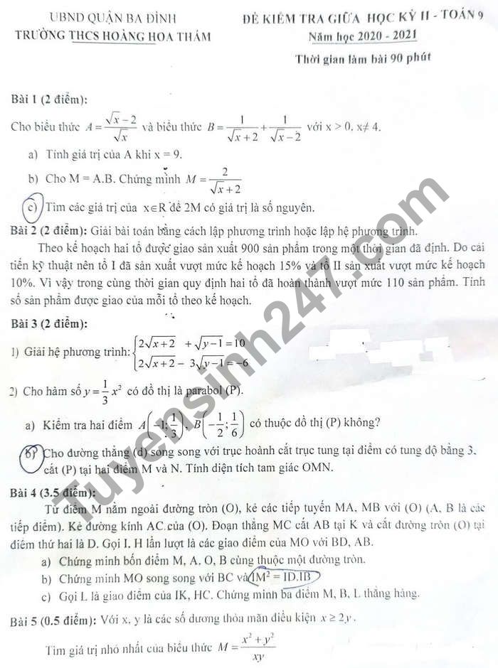 Đề thi giữa học kì 2 môn Toán lớp 9 THCS Hoàng Hoa Thám 2021