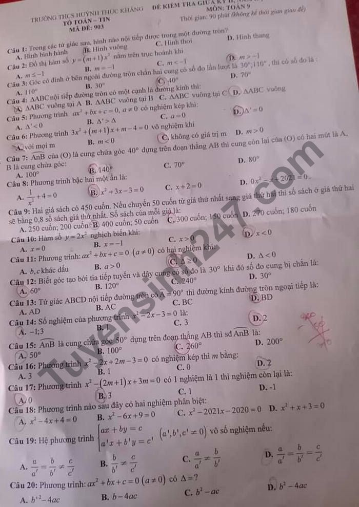 Đề thi giữa kì 2 lớp 9 môn Toán - THCS Huỳnh Thúc Kháng 2021