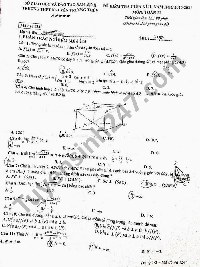 Đề thi giữa học kì 2 THPT Nguyễn Trường Thúy môn Toán lớp 11 2021