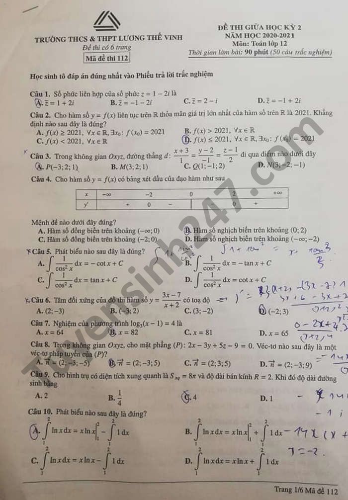 Đề thi giữa kì 2 THCS-THPT Lương Thế Vinh 2021 môn Toán lớp 12