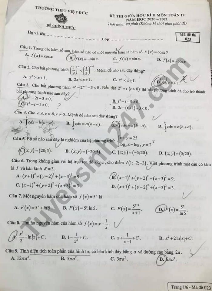 Đề thi giữa học kì 2 môn Toán lớp 12 THPT Việt Đức năm 2021