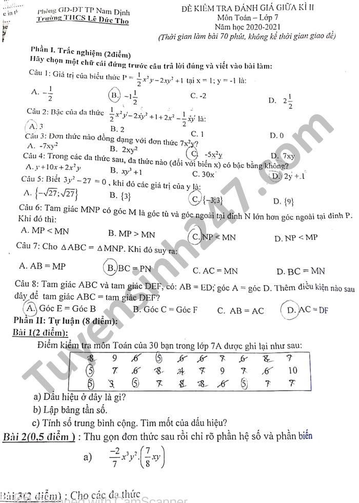 Đề thi giữa học kì 2 THCS Lê Đức Thọ năm 2021 môn Toán lớp 7