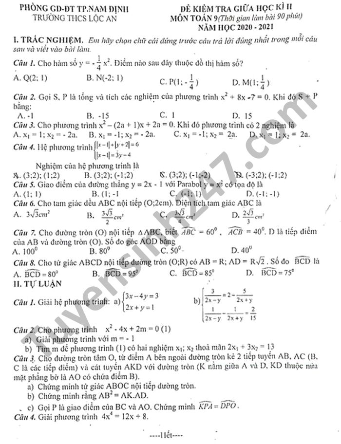 Đề thi giữa học kì 2 năm 2021 môn Toán lớp 9 THCS Lộc An
