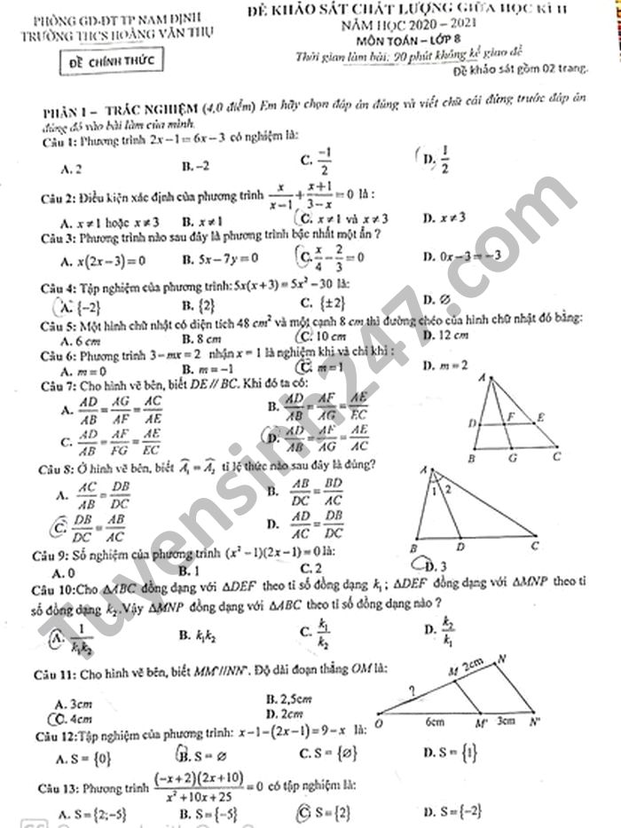 Đề thi giữa kì 2 môn Toán lớp 8 năm 2021 THCS Hoàng Văn Thụ 