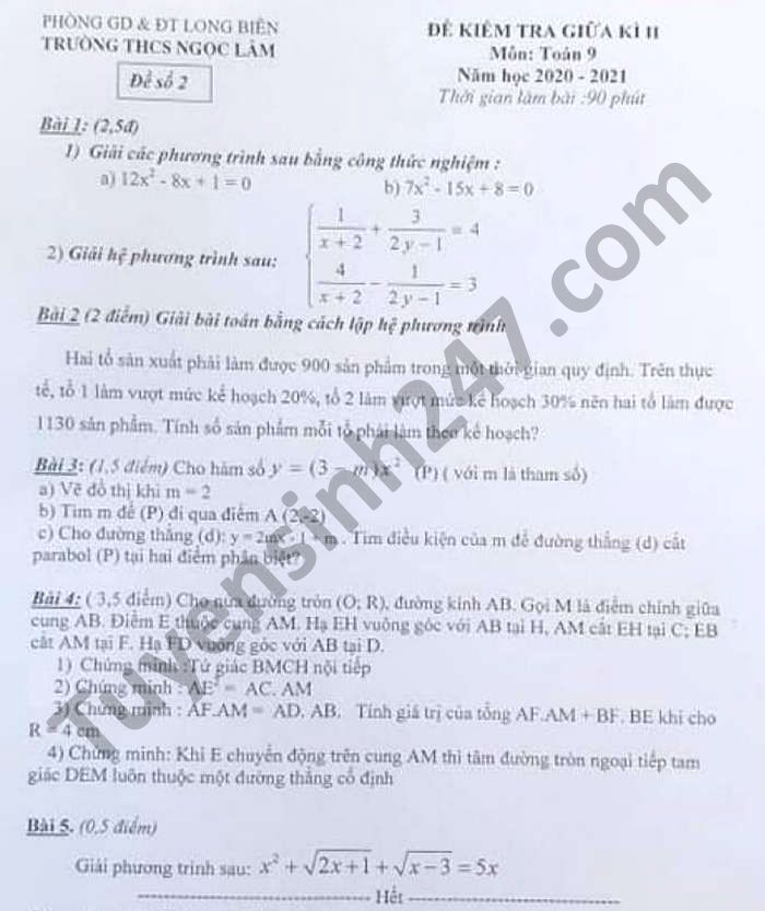 Đề thi giữa kì 2 môn Toán lớp 9 THCS Ngọc Lâm năm 2021
